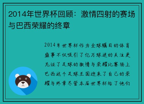 2014年世界杯回顾：激情四射的赛场与巴西荣耀的终章